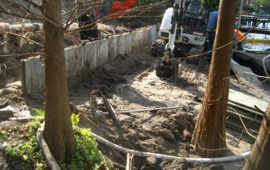 Concrete Seawall being constructed on Lake Highland with Ipe Brazilian Hardwood Decks and Stair with by Fender Marine