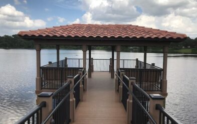 Fender Marine dock with tile roof open beam heavy timber Welbro Construction Allegro Assisted Living Facility