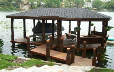 Lake Highland Boathouse with Ipe Brazilian Hardwood decking and Round Pile by Fender Marine
