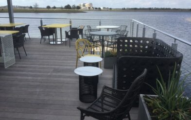 Laureate Park Restaraunt Dining Deck at Lake Nona Ipe Deck after retaurant open for 2 months by Fender Marine Construction