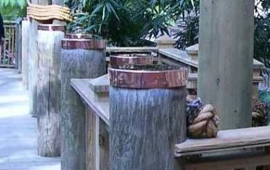 Gaylord Palms themed Boardwalk handrailing with custom made copper pile caps by Fender Marine